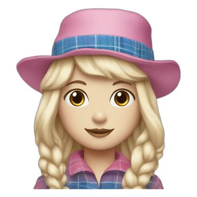 ragdoll with blond hair, pink hat and blue and white tartan dress sticker