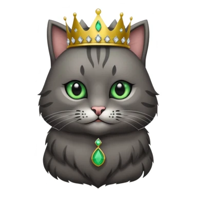 Gatito gris oscura con rayas negras ojos verdes vestida de reina con coronas y diamantes, más peluda y gordura  sticker