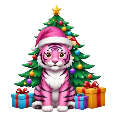 Pink tiger with Santa sitting by a brightly lit colorful Christmas tree with gifts 🎁  sticker