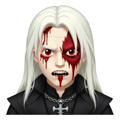 Creat a young man Vampire that have long white hair and white skin and full black eyes and bloody mouth and full black outfit and long fangs and scary eyes sticker