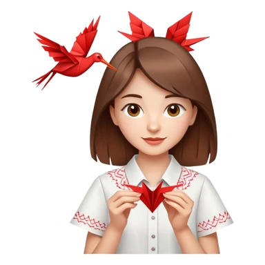 A happy Ukrainian young girl with brown hair in a white embroidered shirt makes an origami red crane craft sticker
