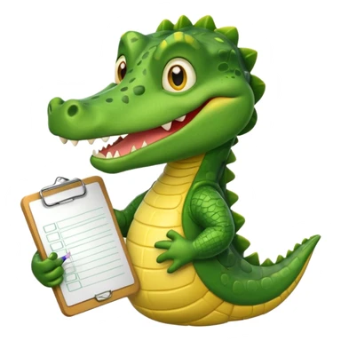 A cartoon gator with a clipboard and a pencil against a light green circle background sticker