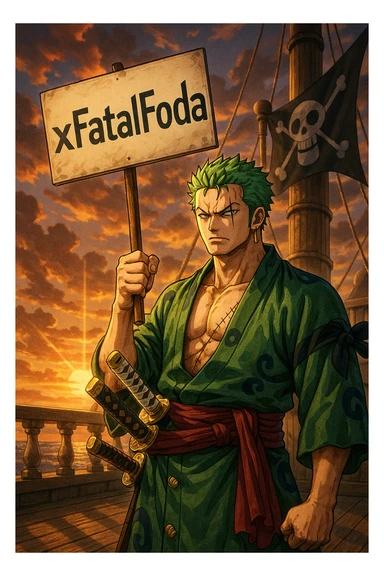 Zoro from One Piece holding a protest sign with ‘xFatalFoda’, on a pirate ship deck at sunset, dramatic anime lighting, Wano arc style, highly detailed sticker