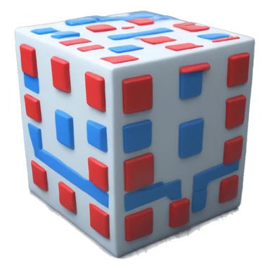Create one cube-shaped object with number 0(blue color) and 1(red color) displayed on its surfaces inside, representing a matrix or data grid. sticker