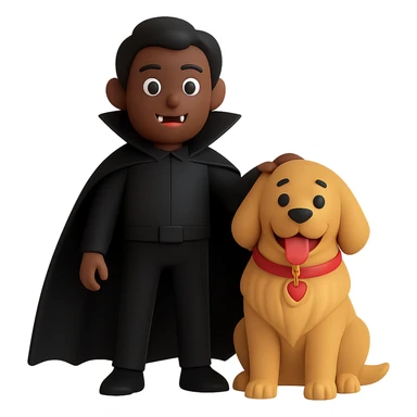 Change the vampire to have brown skin and dress all in black, keep the vampire on the left and the happy golden retriever on the right, preserve the 3D emoji style, keep the background transparent. The style to emulate is 3D emoji style with transparent background. sticker