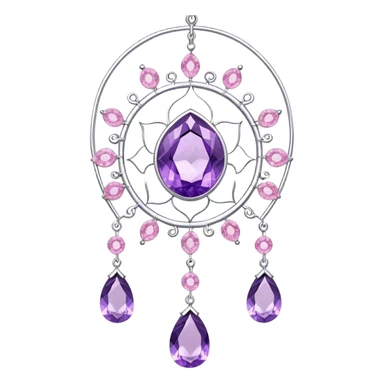 Epic Hanging silver suncatcher, threads with shiny sparkly amethyst and rose-quartz gemstones, detailed, high quality, high resolution, realistic sticker