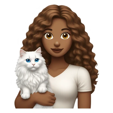 woman with long curly brown hair and holding a all white Siberian cat with blue eyes sticker