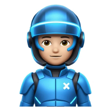 “Futuristic Roblox boy emoji, 2050 style. Blue neon visor, cyber helmet, metallic skin glow, hologram lines, tech-suit with glowing seams, soft neon background.” sticker