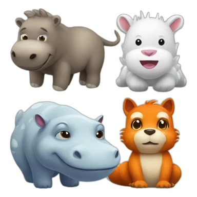 three animals in a picture, white peluche dragon,hippopotamus, fox sticker