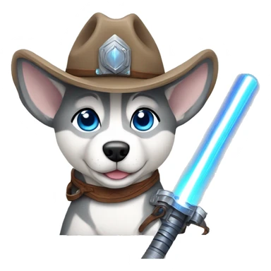 Gray Siberian Husky with blue eyes puppy wearing a cowboy hat dressed in Jedi clothing Holding a Lightsaber with the Paw sticker