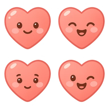 A series of illustrations heart in a kawaii emoji style, with detailed shading and highlights, thin clean outlines, soft and rounded features. Pastel color palette using  #FE655F, #F4A6A6,#FECDC9 The style is inspired by modern Japanese pop art and sticker aesthetics. Highly detailed, vector clarity, soft lighting and subtle shadows. Transparent background without background. sticker