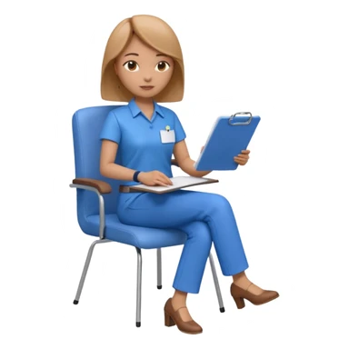 Generate an emoji of a female AI ethicist in blue shirt brown pant sitting in a chair and has a checklist stating AI ethics elements like stop bias, fairness score. I want 3d figurine sticker
