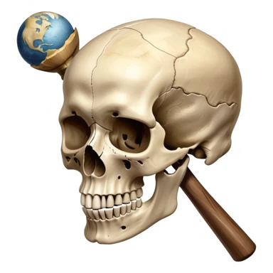 An icon featuring a human skull and fossilized bones, symbolizing the study of anthropology. The design includes archaeological tools like a pickaxe and brush, with a background of ancient artifacts and a globe. Transparent background emphasizes the exploration of human history and evolution. sticker