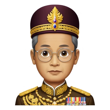 Cinematic Realistic King Bhumibol Adulyadej Portrait Emoji, depicted as a revered Thai monarch with a dignified expression and traditional royal attire, rendered with lifelike textures and soft regal lighting that captures his lasting legacy. sticker
