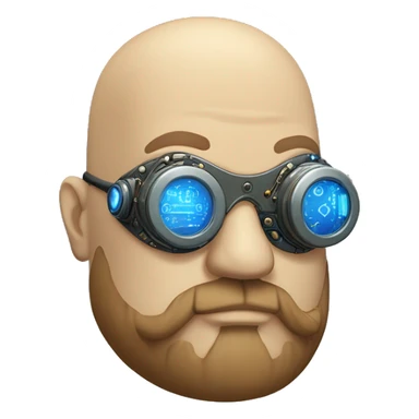 Bearded Fat bald cyborg head with tan skin, blue steampunk goggles and circuits sticker