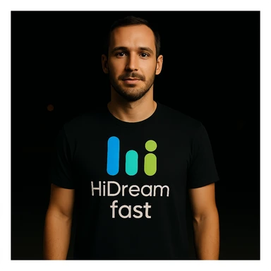 man wearing tshirt with this logo, dark night background with dim , add fast below logo, make man fit into image, add fast insead pf the dev keep rest same sticker