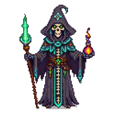 dark skeleton lich mage casting forbidden magic with glowing eyes sticker