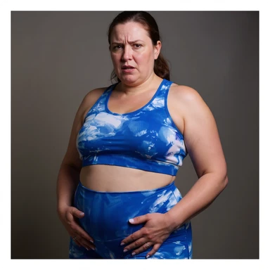 Realistic style woman in sportswear inspired by the reference photo, holding her bloated belly with both hands and showing an expression of annoyance, neutral background. sticker