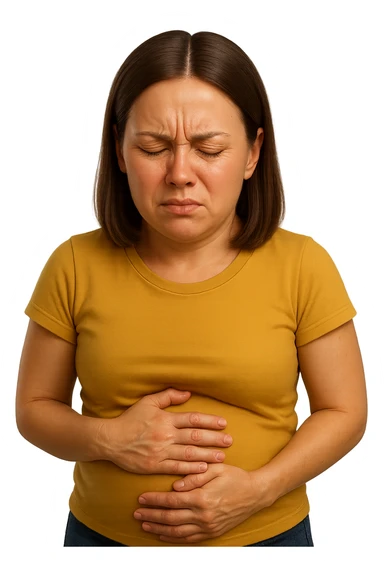 emoji stile iphone di donna con mal di pancia e pancia gonfia, iperrealistico 4k sticker