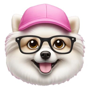 A white Pomeranian in a pink cap and glasses sticker