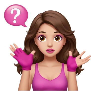 girl with long wavy brown hair, brown eyes, long lashes makeup, sexy pink lips, light to medium complexion, pink sexy top, two hands up, shrugging, confused questions mark bubble sign sticker
