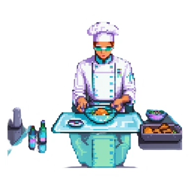 A sleek cyborg baker using holographic ingredients and laser precision. The kitchen is a fusion of chrome, glass, and neon. Interface elements float like holograms, with glowing edges, translucent layers, and tactile feedback illusions. sticker