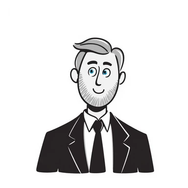 A middle-aged man with a medium slightly gray beard, short hair cut to the scalp on the sides and combed back on top, blue eyes sticker