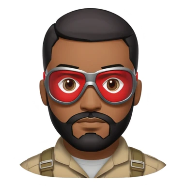 sam wilson with  short, neatly cropped black hair and a well-groomed beard that connects to his mustache,  wear sleek, red-tinted tactical goggles fit snugly from captain america: civil war sticker