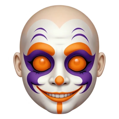 Juggalo smiley face that is Perfectly round and hairless with white skin and elaborate but symmetrical lined face paint that is orange bordered by dark purple sticker