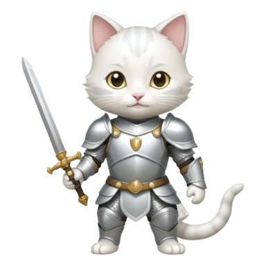 baby chibi white cat in silver armor, full body, smile, hold sword sticker