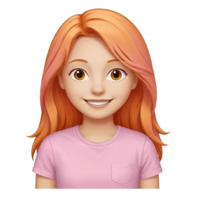 The girl with long orange hair is very happy. Make the girl similar with the reference picture. Change her sweat. Make it pastel pink t-shirt. sticker