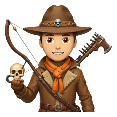 male human monster hunter emoji, wearing brown leather coat and wide hat, holding crossbow, with amulet shaped like skull, Halloween fantasy theme, confident smile, orange scarf, Apple emoji style, clean white background, square image sticker