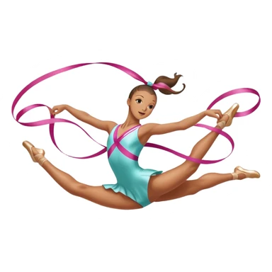 A graceful rhythmic gymnast performing with a flowing ribbon, executing an elegant leap mid-air. The pose exudes flexibility, balance, and artistry. The background suggests a competition arena with soft lighting, emphasizing movement, precision, and the beauty of the sport. sticker