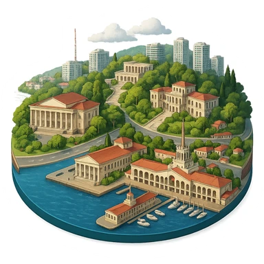 Изометричная, яркая, детализированная и фотореалистичная иллюстрация панорамы города Cочи на круглой подставке в стиле 3D-коллажей городов, ОДНО! здание Морского Порта, ОДИН! Зимний театр, санаторий Орджаникидзе, море чёткие линии, слегка мультяшная стилистика, прозрачный фон, не обрезать края картинки sticker