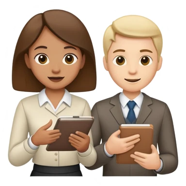 Two team members facing each other, one holding a notepad and the other gesturing, in a collaborative pose sticker