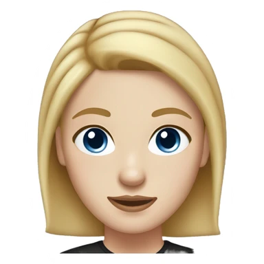 a woman with freckles, blue eyes, light skin, blonde straight hair with a bun. black shirt. sticker