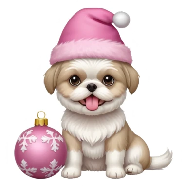 one white all over little shih tzu dog short hair with tongue hanging out sitting with light pink christmas hat sitting next to pink ornament sticker