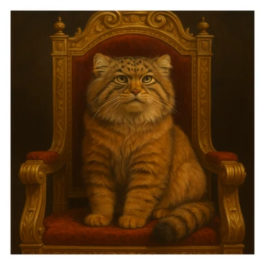 A brown-orange Pallas's cat (Manul) sitting on a royal throne, looking majestic sticker