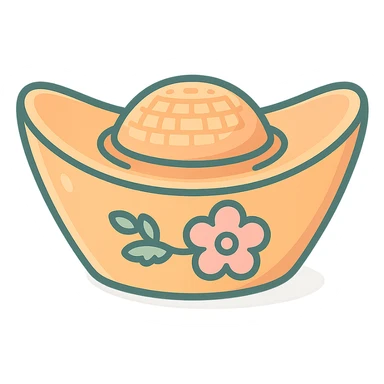 Create a Chinese gold ingot (yuanbao) with floral decoration, in icon-color-outlined style with shadows and highlights, thin clean contours, soft rounded shapes. Use a pastel palette: #98B5BC, #B5B3C1, #C9A3C9, #E4C0CA, #F7DCD1, #F7C0AA. Modern Japanese pop-art and sticker aesthetics, high detail, vector sharpness, soft lighting, transparent background. Shape as in the reference. sticker