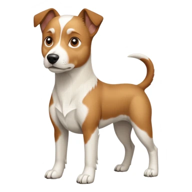 a full body large white parson russell looking dog the size of a kelpie with light brown flapped down ears and a light brown patch on one eye and a large snout sticker