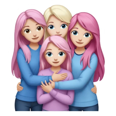 four white girlfriends hugging and smiling    2 girls with brown eyes and long dark brown hair. One with long light pink hair and blue eyes, one girl with blue eyes and light blonde hair sticker