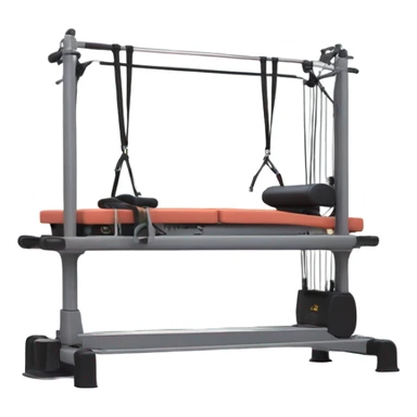 pilates reformer machine, with a grey bed and towers with straps that arent connected to the bed sticker