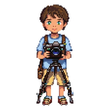 a small boy holding a movie camera sticker
