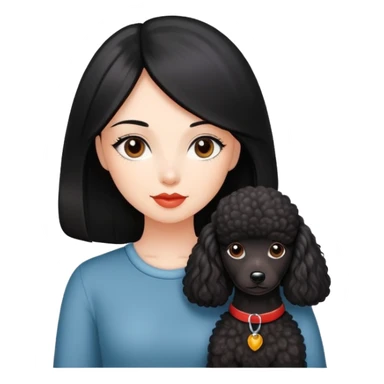 A beautiful girl with fair skin has long straight black hair and a miniature reddish-black Poodle  sticker