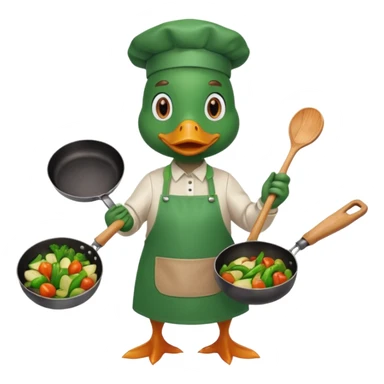A duck holding a frying pan with sizzling vegetables, wearing green apron sticker