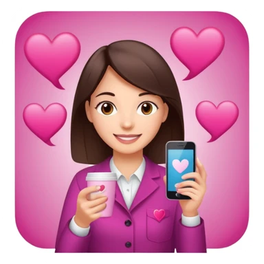 Social media manager. She has dark brown hair, brown eyes, a friendly smile. She is holding a smartphone and a coffee cup. Include subtle marketing elements like small icons of hashtags or a speech bubble with a heart. Use vibrant colors with a focus on pink and fuchsia tones. sticker
