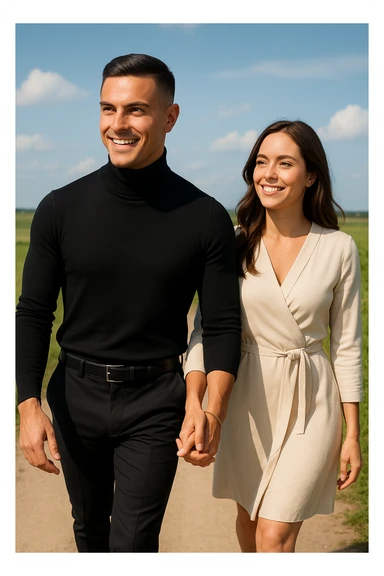 a couple walks together along a path, the man gently leading the way while the woman follows with trust and a smile. Both appear confident and content, symbolizing partnership and mutual respect. The background is a bright, open landscape, evoking a sense of shared journey and harmony. sticker