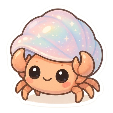 adorable crab with pearly pastel shell, shimmering effect, big eyes, minimal background sticker