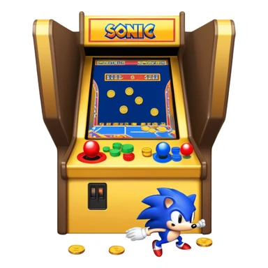 An icon showing a retro arcade screen with pixelated characters like a speedy hedgehog Sonic jumping and collecting coins. The game environment includes obstacles, power-ups, and vibrant colors, evoking the excitement and nostalgia of classic arcade games. transparent background. sticker