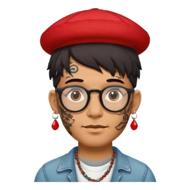 unique looking tourist with big unique red tourist hat and earrings, man with lots of tattoes and spectacles, hair showing sticker